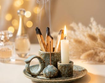 Set porta incenso in ceramica per Palo Santo, vassoio brucia incenso 4 in 1 per altare, porta candela per salvia, regalo rituale per la meditazione per lei