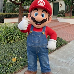 Puede incluir: Una persona con un disfraz de Mario haciendo una se&ntilde;al de aprobaci&oacute;n. El disfraz incluye un gorro rojo con una "M" blanca, una camisa roja de manga larga, un peto vaquero azul, guantes blancos y zapatos marrones. El personaje est&aacute; en el exterior.