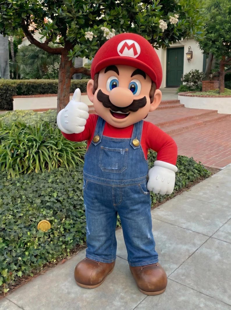 Puede incluir: Una persona con un disfraz de Mario haciendo una se&ntilde;al de aprobaci&oacute;n. El disfraz incluye un gorro rojo con una "M" blanca, una camisa roja de manga larga, un peto vaquero azul, guantes blancos y zapatos marrones. El personaje est&aacute; en el exterior.