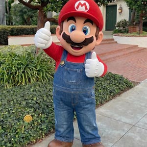 Puede incluir: Una persona con un disfraz de Mario haciendo un gesto de pulgar hacia arriba. El disfraz incluye un gorro rojo con un s&iacute;mbolo "M" blanco, una camisa roja de manga larga, un peto vaquero azul, guantes blancos y zapatos marrones. El fondo presenta vegetaci&oacute;n y un entorno residencial.