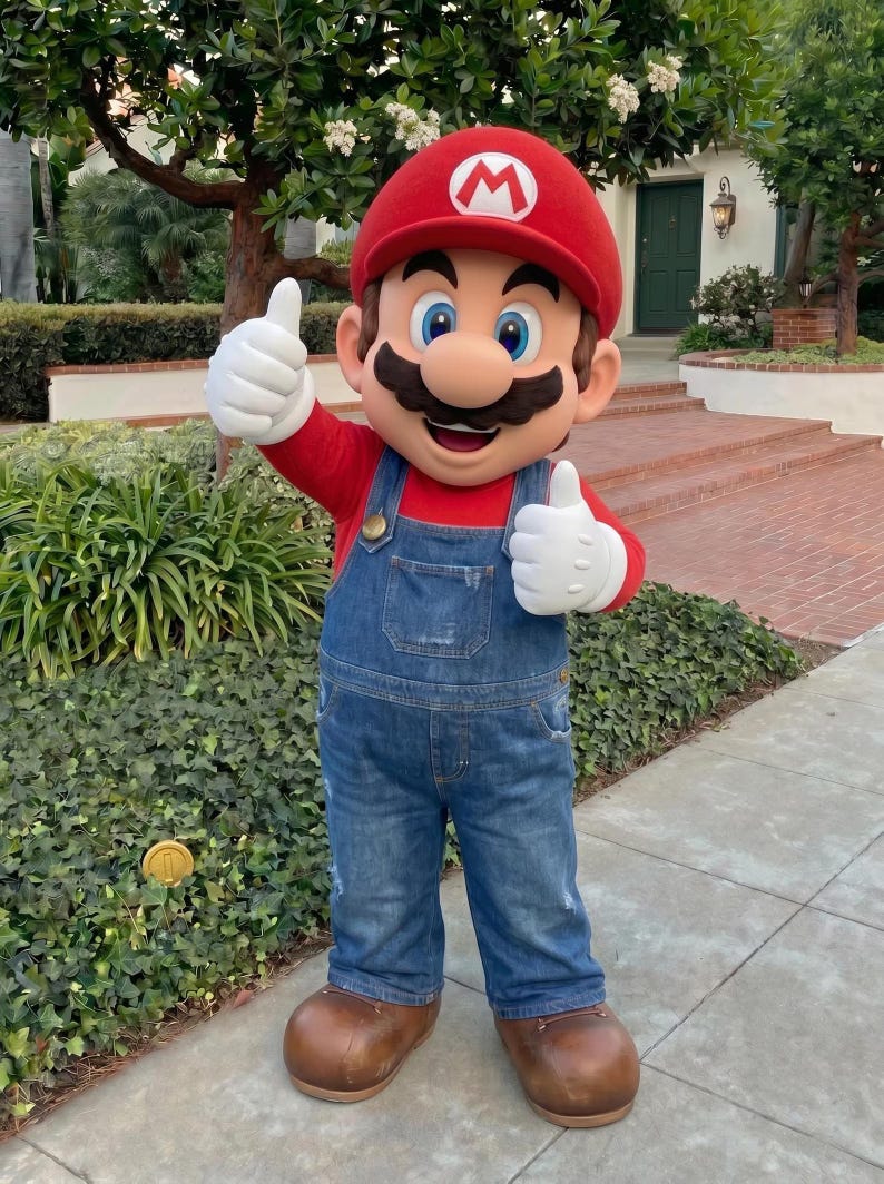 Puede incluir: Una persona con un disfraz de Mario haciendo un gesto de pulgar hacia arriba. El disfraz incluye un gorro rojo con un s&iacute;mbolo "M" blanco, una camisa roja de manga larga, un peto vaquero azul, guantes blancos y zapatos marrones. El fondo presenta vegetaci&oacute;n y un entorno residencial.
