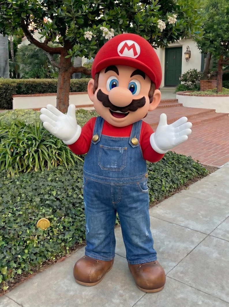 Puede incluir: Una persona con un disfraz de Mario, con un gorro rojo con una "M" blanca, una camisa roja, un peto vaquero azul, guantes blancos y zapatos marrones. El personaje est&aacute; de pie en una acera con un seto verde y una casa al fondo.