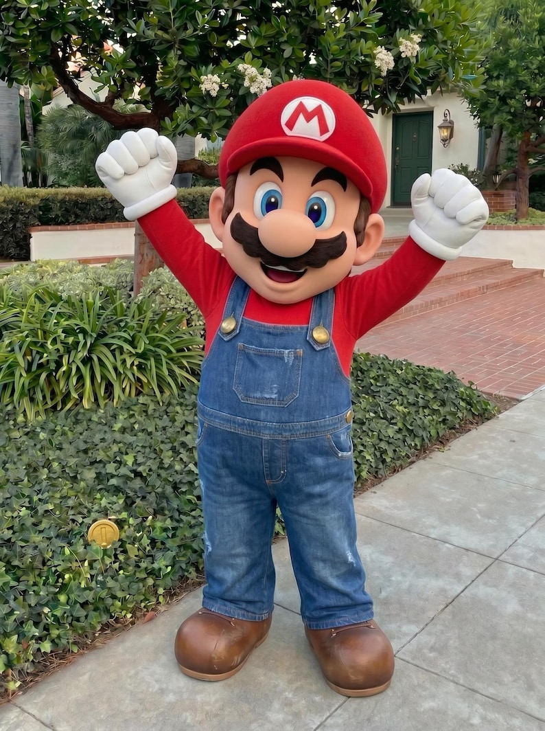 Puede incluir: Una persona con un disfraz de Mario, con un gorro rojo con una "M" blanca, una camisa roja de manga larga, un peto vaquero azul y zapatos marrones. El personaje tiene un gran bigote y guantes blancos, con los brazos levantados.