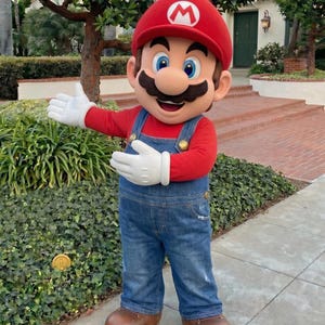 Puede incluir: Una persona con un disfraz de Mario, con una gorra roja con una "M" blanca, una camisa roja de manga larga, un mono azul, guantes blancos y zapatos marrones. El personaje est&aacute; de pie en una acera, con una moneda en el suelo.