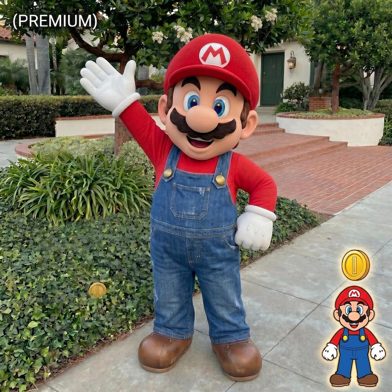 Puede incluir: Una persona con un disfraz de Mario, vistiendo una camisa roja, un mono azul y una gorra roja con el logo "M" blanco. El personaje est&aacute; saludando con una mano enguantada blanca. Tambi&eacute;n se ve una moneda de oro y una imagen de dibujos animados de Mario.