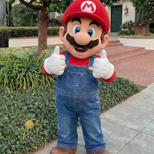 Puede incluir: Una persona con un disfraz de Mario, con un gorro rojo con el logo de la "M" blanca, una camisa roja, un mono vaquero azul y zapatos marrones. La persona hace un gesto de pulgar hacia arriba con ambas manos, usando guantes blancos.