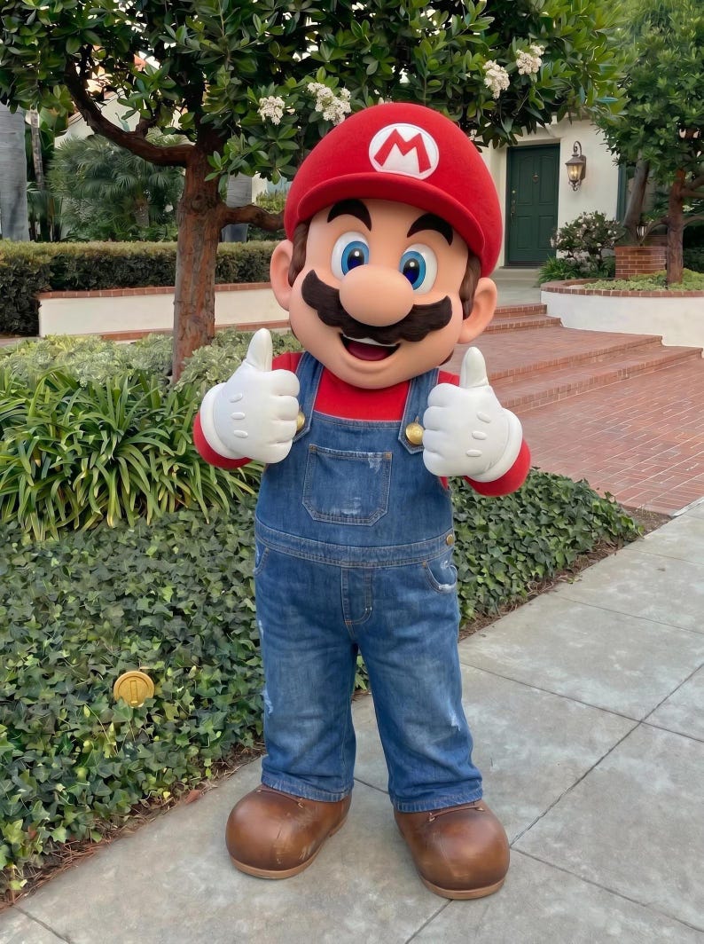 Puede incluir: Una persona con un disfraz de Mario, con un gorro rojo con el logo de la "M" blanca, una camisa roja, un mono vaquero azul y zapatos marrones. La persona hace un gesto de pulgar hacia arriba con ambas manos, usando guantes blancos.