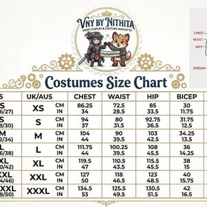 Puede incluir: Una tabla de tallas de disfraces con medidas en cent&iacute;metros y pulgadas. La tabla incluye tallas de la XS a la XXXL, detallando medidas de pecho, cintura, cadera, b&iacute;ceps y entrepierna. La tabla se titula "Costumes Size Chart" y tiene un logotipo.
