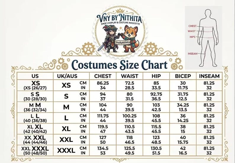 Puede incluir: Una tabla de tallas de disfraces con medidas en cent&iacute;metros y pulgadas. La tabla incluye tallas de la XS a la XXXL, detallando medidas de pecho, cintura, cadera, b&iacute;ceps y entrepierna. La tabla se titula "Costumes Size Chart" y tiene un logotipo.