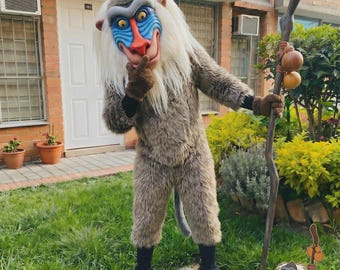 Disfraz de mascota Rafiki para adultos, cosplay de mandril sabio, traje de babuino, atuendo con máscara realista