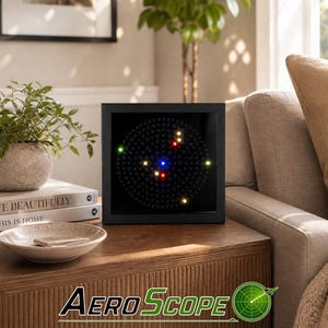 May include: A square black frame containing a circular LED display with a grid of small lights. The display features several illuminated dots in red, yellow, green, and blue, arranged in a pattern against a dark background. The device is labelled AeroScope.
