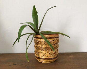 vintage woven bamboo and jute planter