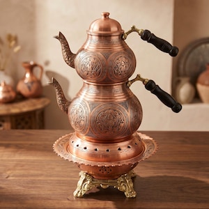 Tetera de cobre grabada a mano, juego de té turco tradicional, decoración de cocina de estilo otomano.