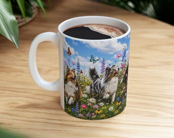 Legacies Shelties Wildflower Meadow Mug | Realistic Sheltie Coffee Cup | Sheltie Lover Gift | Floral Dog Mug