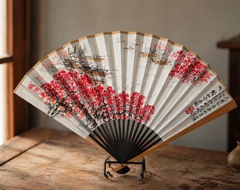 Abanico plegable chino pintado a mano, arte vintage de barco de flores de cerezo en tinta, decoración oriental