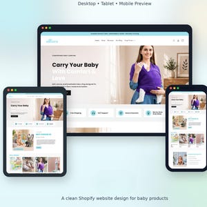 May include: A website design for a baby store, displayed on a desktop computer, tablet, and mobile phone. The website features a woman wearing a purple baby carrier. Text on the screen reads "Carry Your Baby With Comfort & Love."