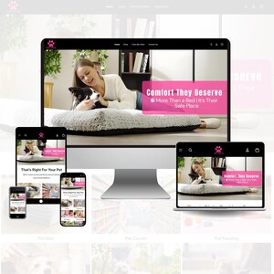Puede incluir: Maqueta de sitio web para una tienda de mascotas. La imagen principal muestra a una mujer y un perro en una cama mullida. El texto dice "Comfort They Deserve, More Than a Bed | It's Their Safe Place." El sitio web se muestra en varios dispositivos.