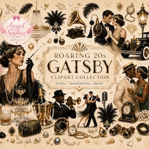 Può includere: Una collezione di clipart digitali a tema Ruggenti anni '20 Gatsby. L'immagine presenta illustrazioni di flapper, coppie, un'auto d'epoca, calici di champagne ed elementi decorativi in oro e nero.