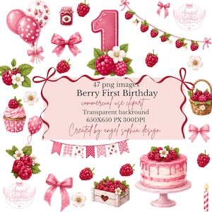 Könnte beinhalten: Eine Sammlung von Aquarellillustrationen mit Beeren-Thema. Enthält eine Eins, einen Kuchen, Cupcakes, Luftballons, Schleifen und ein Banner. Der Text lautet "Berry First Birthday" und "Created by angel sophia design".