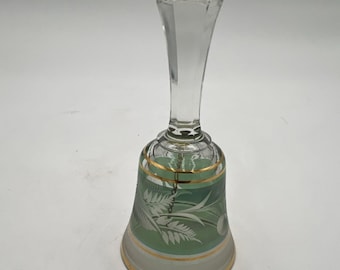 Cloche décorative vintage en verre gravé à l'eau-forte, motif floral, bordure dorée, vert transparent