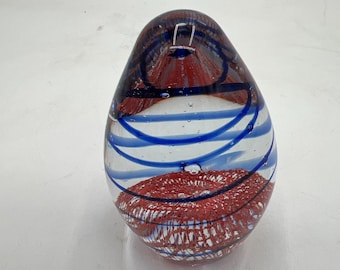 Vintage Egg-Shaped Art Glass Paperweight - Blue Swirl & Red Mesh Netting - Mint