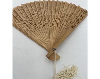 Vintage Hand-Carved Sandalwood Brise Folding Fan with Tassel