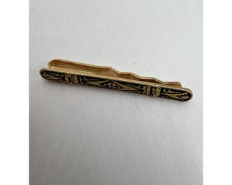 Vintage Damascene Men's Tie Bar Clip Clasp Black w/Gold Tone