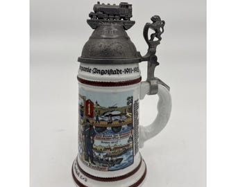 Chope à bière lithophane, locomotive militaire régimentaire allemande vintage 1911-1913