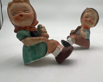 Ceramic Multicolor Novelty Boy & Girl Animals Theme Salt  Pepper Shakers Set