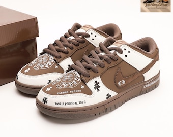 Custom Nike Dunk Low White and Brown Chrome Hearts Inspired Sneakers with Cross Design Handmade Streetwear Shoes for Men and Women