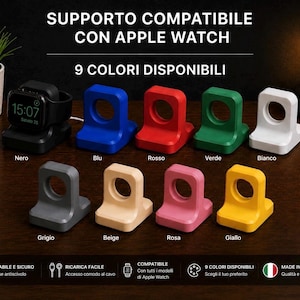 Può includere: Una collezione di nove supporti di ricarica per smartwatch, ciascuno con un foro circolare per il caricabatterie. I supporti sono disponibili in nero, blu, rosso, verde, bianco, grigio, beige, rosa e giallo. Testo: SUPPORTO COMPATIBILE CON APPLE WATCH.