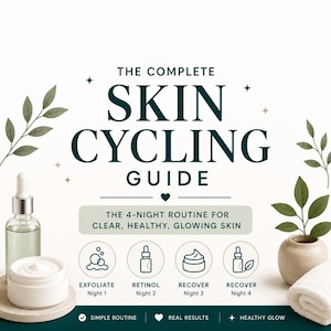 Puede incluir: Una guía de cuidado de la piel con el texto "THE COMPLETE SKIN CYCLING GUIDE". La imagen incluye productos para el cuidado de la piel, hojas y el texto "THE 4-NIGHT ROUTINE FOR CLEAR, HEALTHY, GLOWING SKIN". La guía describe una rutina de cuidado de la piel de 4 noches.