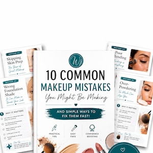 Op de afbeelding: Een boek getiteld "10 Common Makeup Mistakes You Might Be Making" met teal accenten, omringd door make-upproducten en tipkaarten. De omslag van het boek bevat de tekst "Look Better, Feel Better, Be You."