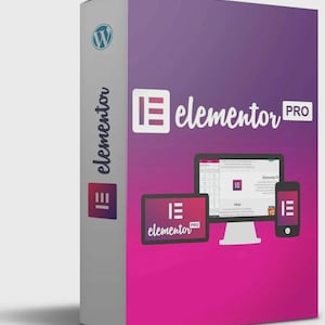 Puede incluir: Una caja de producto con un fondo degradado púrpura y rosa. La caja presenta el logotipo de WordPress y el logotipo de Elementor Pro. La caja también muestra un monitor de computadora, una tableta y un teléfono inteligente, cada uno con la interfaz Elementor Pro.