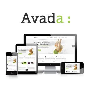 May include: A collection of electronic devices, including a smartphone, tablet, and desktop computer, displaying a website with a clean design. The word "Avada" is at the top, with the tagline "Powerfully Responsive, A Clean Design."