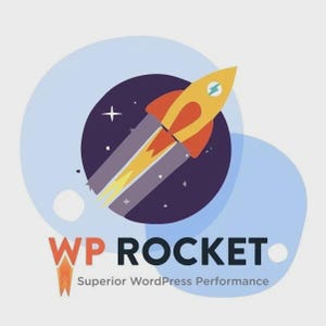 May include: A cartoon illustration of a yellow and orange rocket ship blasting off, set against a dark purple circle with stars. The text "WP ROCKET" is displayed in orange and black, with the tagline "Superior WordPress Performance" below.
