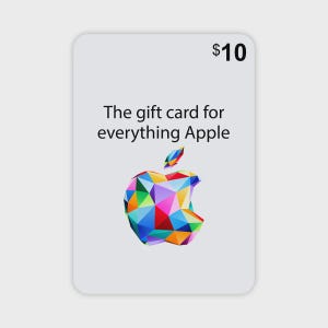 Puede incluir: Una tarjeta de regalo blanca con esquinas redondeadas con el logotipo de Apple en un diseño geométrico colorido. El texto "The gift card for everything Apple" está impreso debajo del logotipo, con "$10" en la esquina superior derecha.