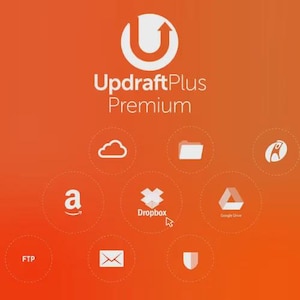 May include: Orange gradient background with the text "UpdraftPlus Premium" and a white logo. Icons for cloud storage services like Dropbox, Google Drive, and Amazon are also displayed.