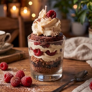 Puede incluir: Un postre en capas en un vaso transparente con migas de pastel de chocolate, relleno de crema y frambuesas frescas. La parte superior está decorada con un gran remolino de crema, virutas de chocolate y una frambuesa. Frambuesas y cacao en polvo.