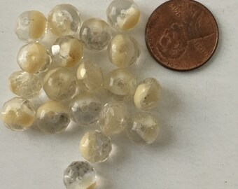 8mm Transparent Clear and Opaque Light Cream Colored Bead, Faceted Rondelle Bead, Two Tone Bead of Clear Glass and Light Beige Glass