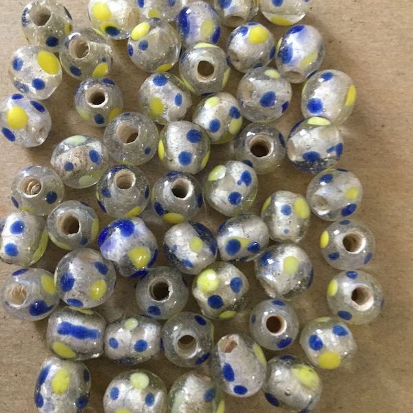 8mm Java Glass Bead,  Clear Glass Bead with Polka Dot Pattern of Yellow and Blue Dots, 8mm Bead with Large 2mm Hole