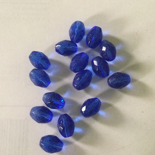 Sapphire Blue Faceted Olive Shaped Bead, 12mm x 9mm Transparent Blue Czech Pressed Glass Bead, Round Oval Blue Bead