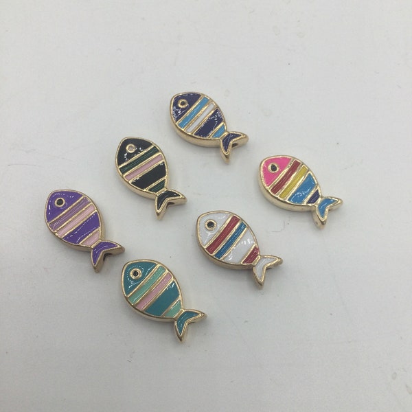 Enamel Fish Bead, Colorful Striped Fish Bead, Enamel Metal Fish Bead, Animal Bead for Kid's Crafts, 16mm Metal and Enamel Fish Bead