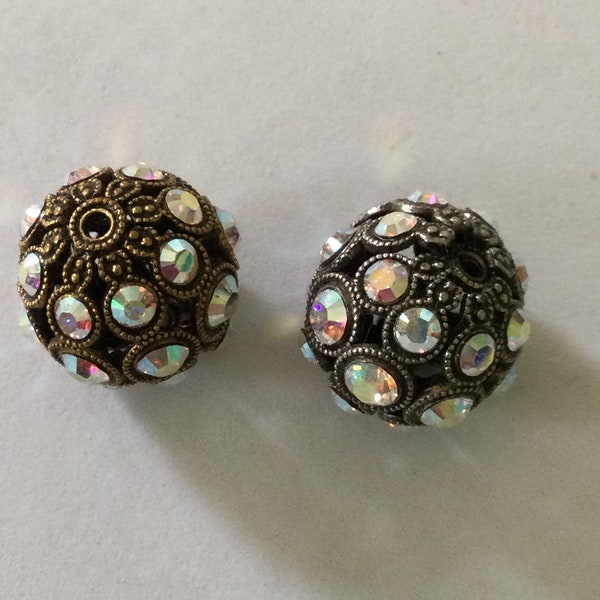 16mm Antique Silver plate and Antique Gold plate Bead, Filigree Bead with Crystal AB Swarovski Crystal