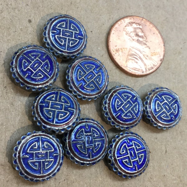 14mm Enamel Chinese Bead, Blue Enamel and Antique Silver Bead with Chinese Character Design, Metal Disk Bead