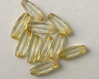 14mm Flat Tube-like Bead, Elongated Bicone Bead, Tapered Flat Tube Bead, Slightly Faceted Flat Edge Bead, Yellow-Clear Bead