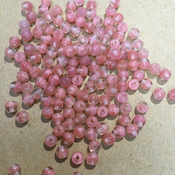 4mm Pink and Clear Smooth Round Druk Bead, Czech Pink Small Pressed Glass Bead, Medium Pink and Clear Spacer Bead