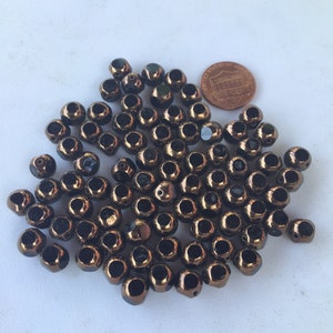 8mm Black Czech Bead and Bronze Edging, Round Table Cut Faceted Black/Bronze Bead, Jet Bead with Flat Cuts and Encased in Bronze Coating