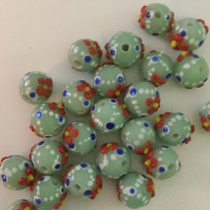 10mm Mint Green Lamp Work Bead, Decorated Light Green Bead, Green Lamp Work Bead with Red Flower Decoration & White and Blue Dots