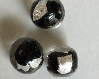 Venetian Lamp Work Black and Silver Foil Bead, 10mm Italian Round Hand made Bead, Italian Lamp Work Round Smooth Bead